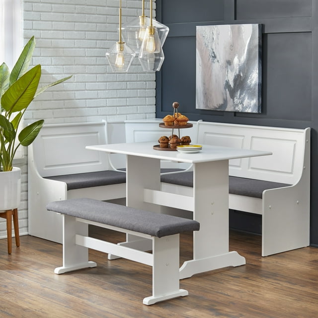 Polly 3-Piece Upholstered Dining Nook Set, White Finish with Gray Upholstered Seat Cushions