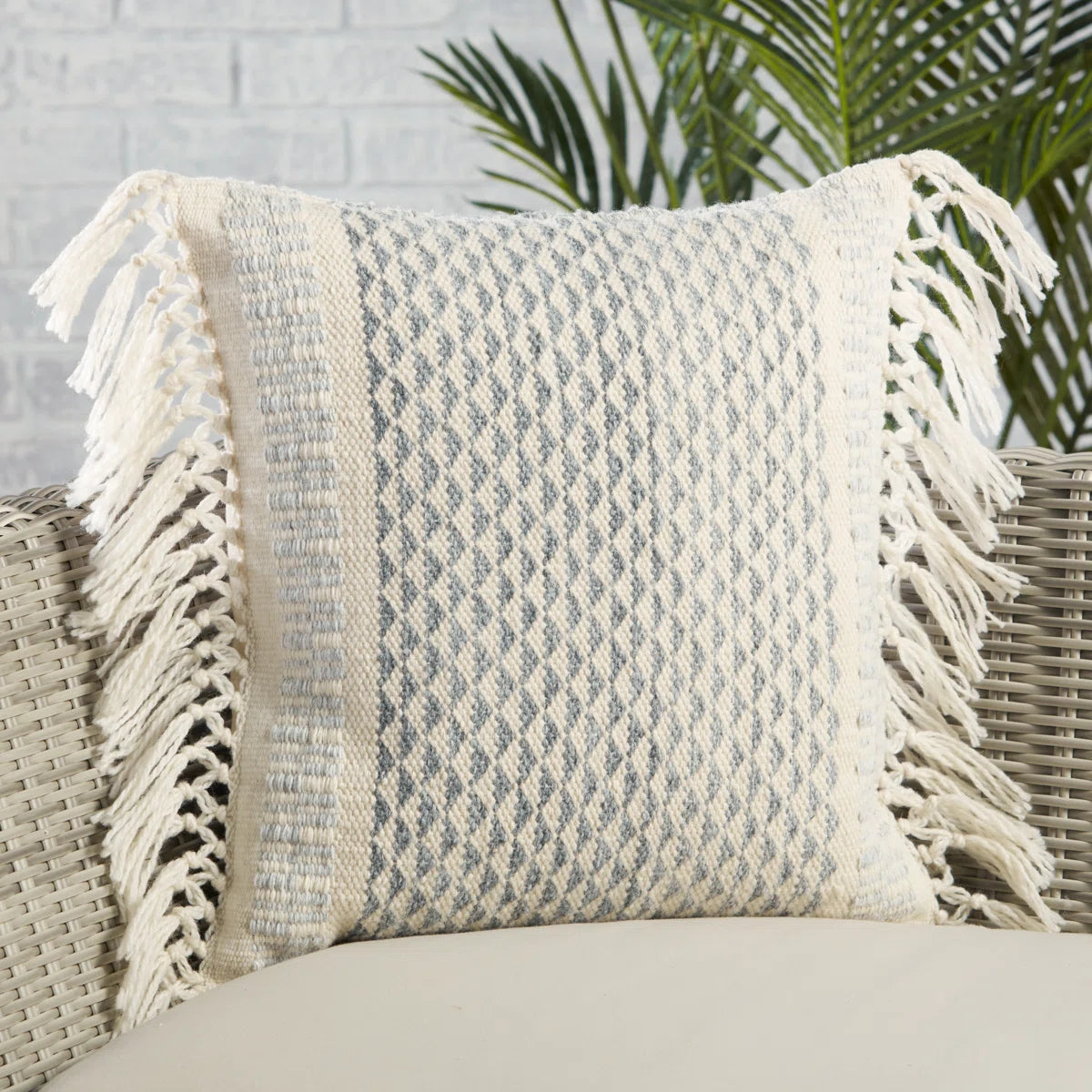 18"x18" Tassels Indoor/Outdoor Pillow Cover - Gray/Ivory SHOWROOM ITEM