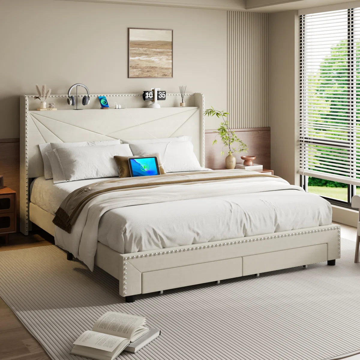 Tata Velvet Upholstered Platform Bed Frame With Headboard, Charging Station and Storage Drawer - King