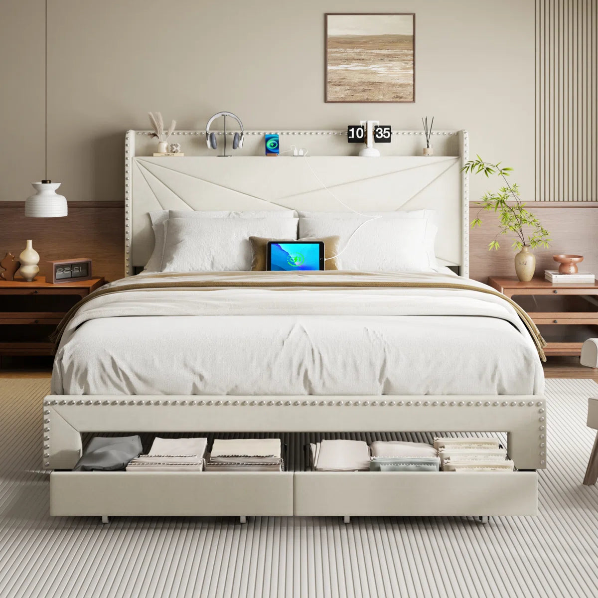 Tata Velvet Upholstered Platform Bed Frame With Headboard, Charging Station and Storage Drawer - King