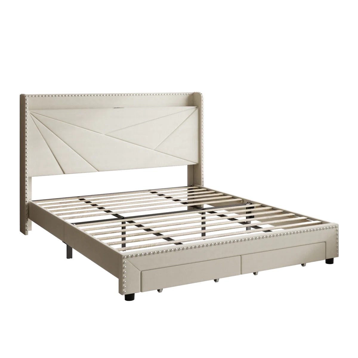 Tata Velvet Upholstered Platform Bed Frame With Headboard, Charging Station and Storage Drawer - King