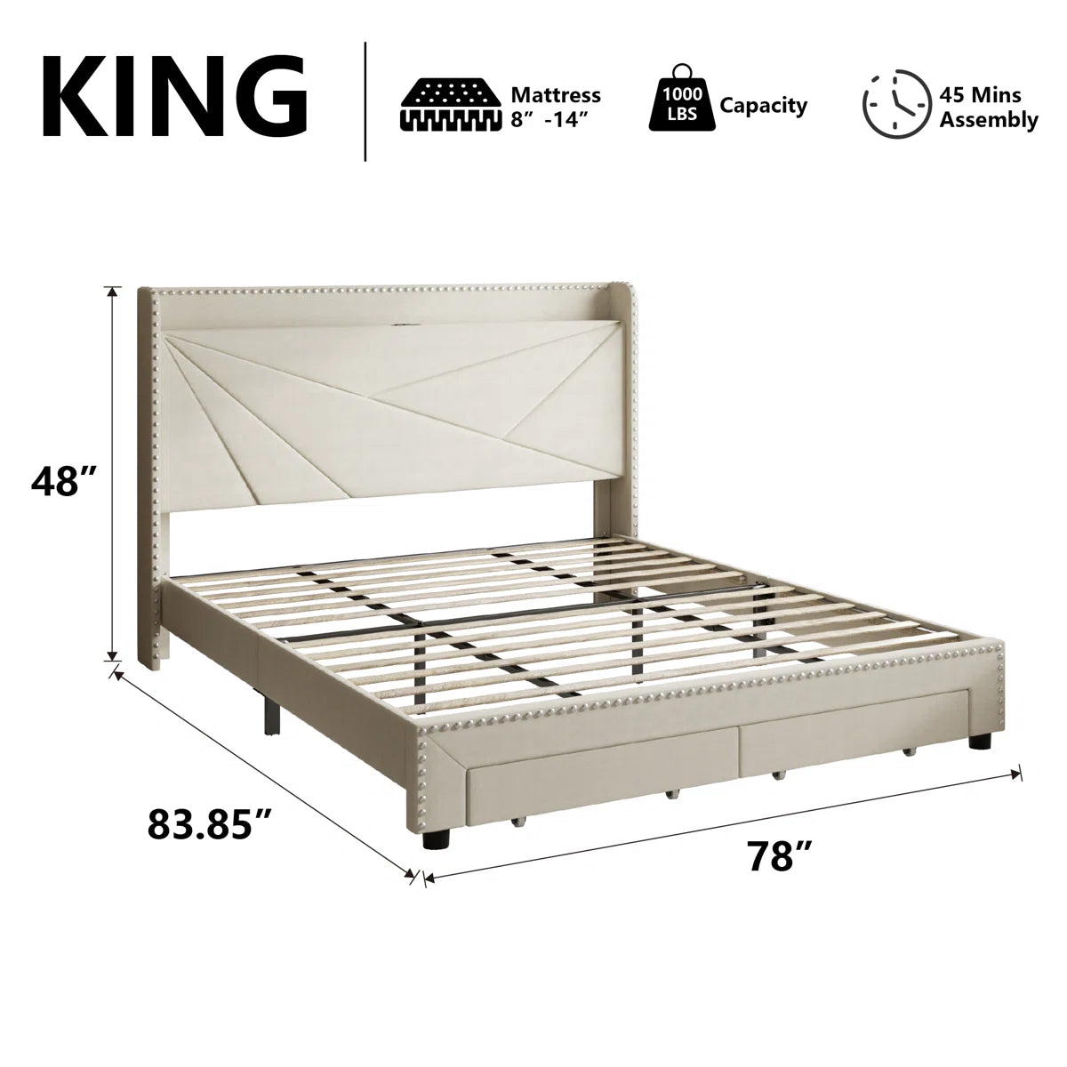 Tata Velvet Upholstered Platform Bed Frame With Headboard, Charging Station and Storage Drawer - King