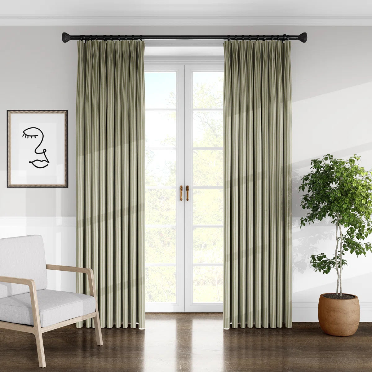 Ticking Stripe 100% Cotton Striped Room Darkening Pinch Pleat Single Curtain Panel