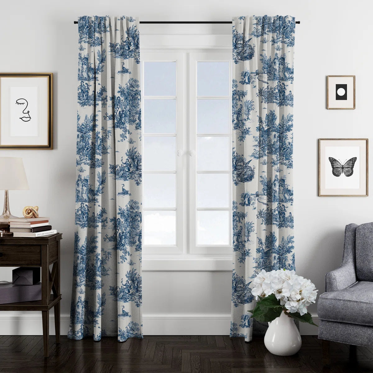 Toile De Jouy Cotton Toile Room Darkening Pinch Pleat Single Curtain Panel