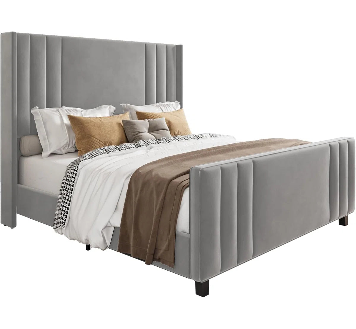 Tole Velvet Upholstered Platform Bed with Vertical Channel Tufted Headboard Queen