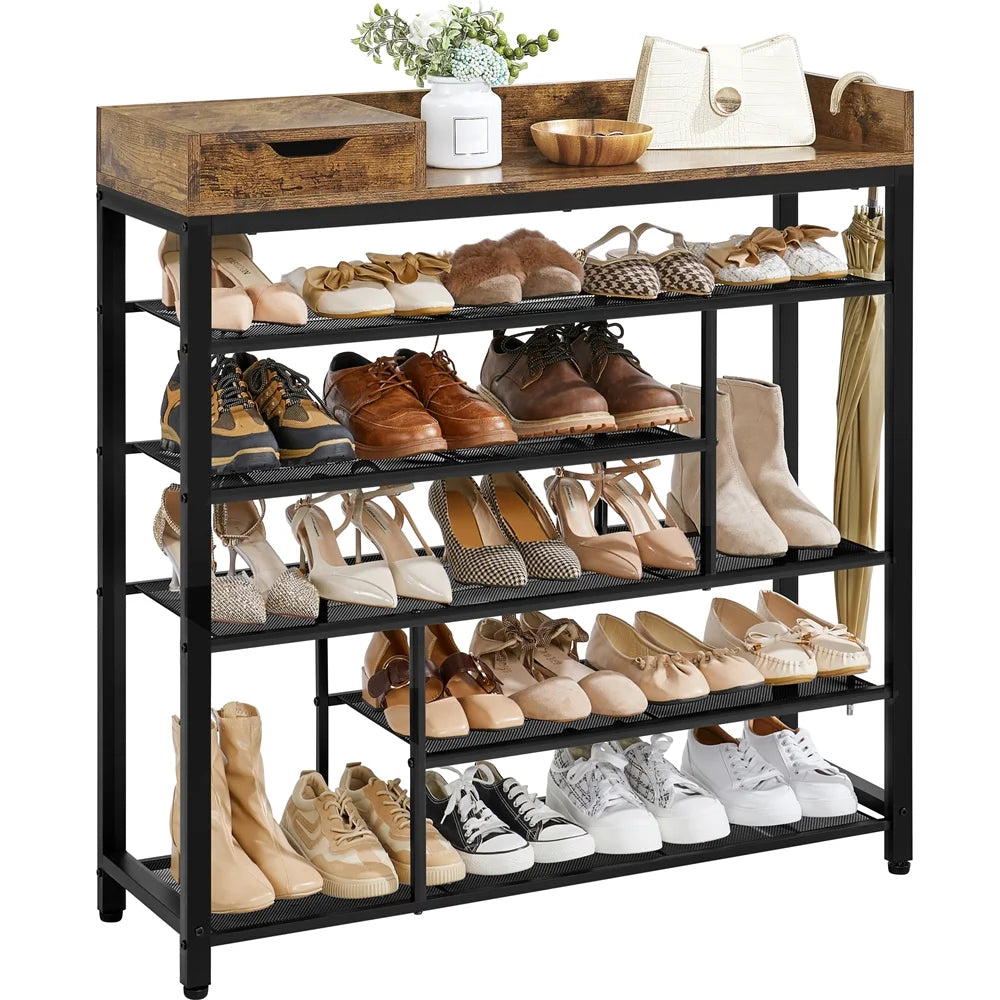 6-Tier Shoes Rack Shelf Organizer with Storage Box Rustic Brown