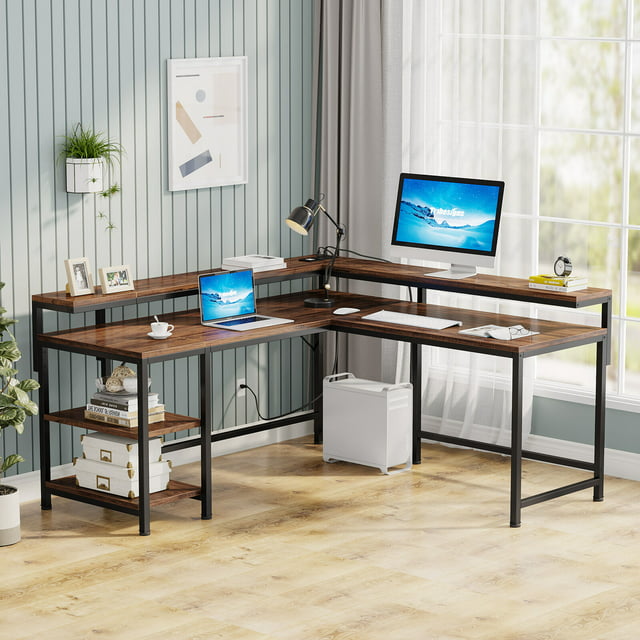 L Shaped Desk with Power Outlets, Corner Desk L Shaped Computer Desk with Monitor Stand and Storage Shelves, Brown
