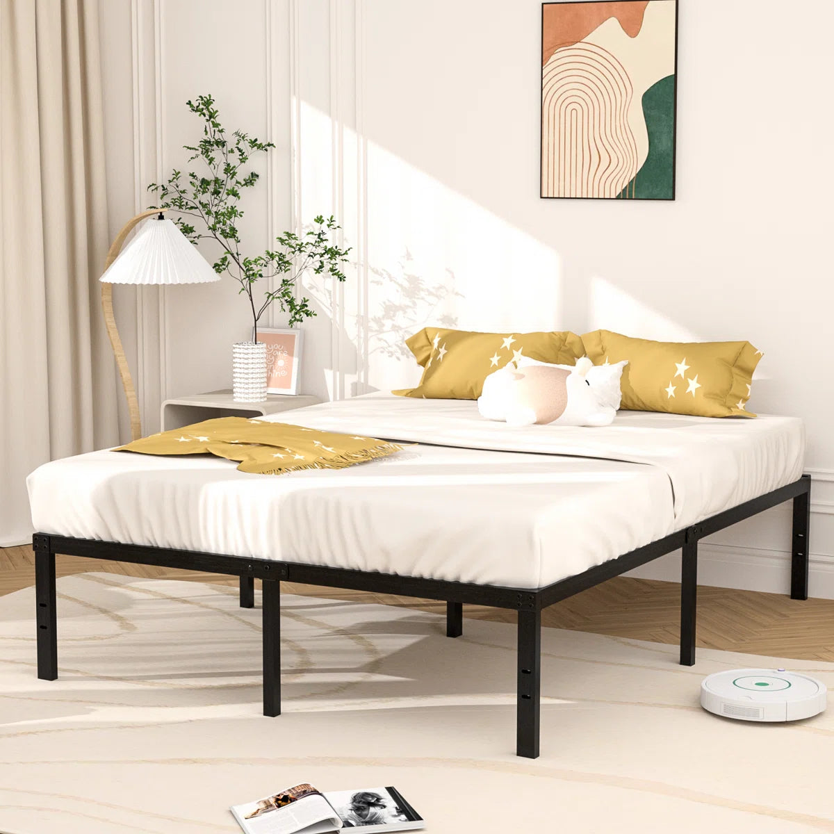 Turberville Black Metal Platform Bed Frame With Steel Slat Support, No Box Spring Needed
