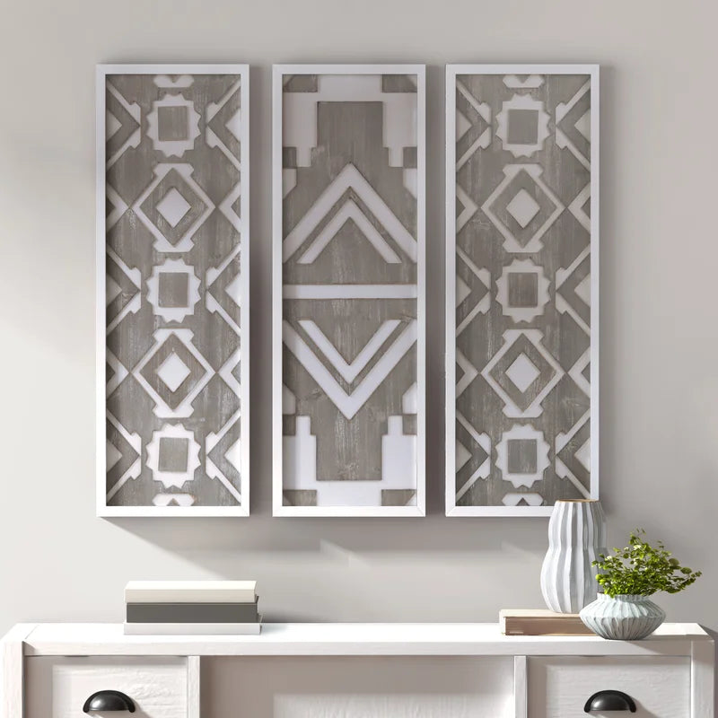 3 Piece Gray Two-tone Geometric Wood Wall Décor Set