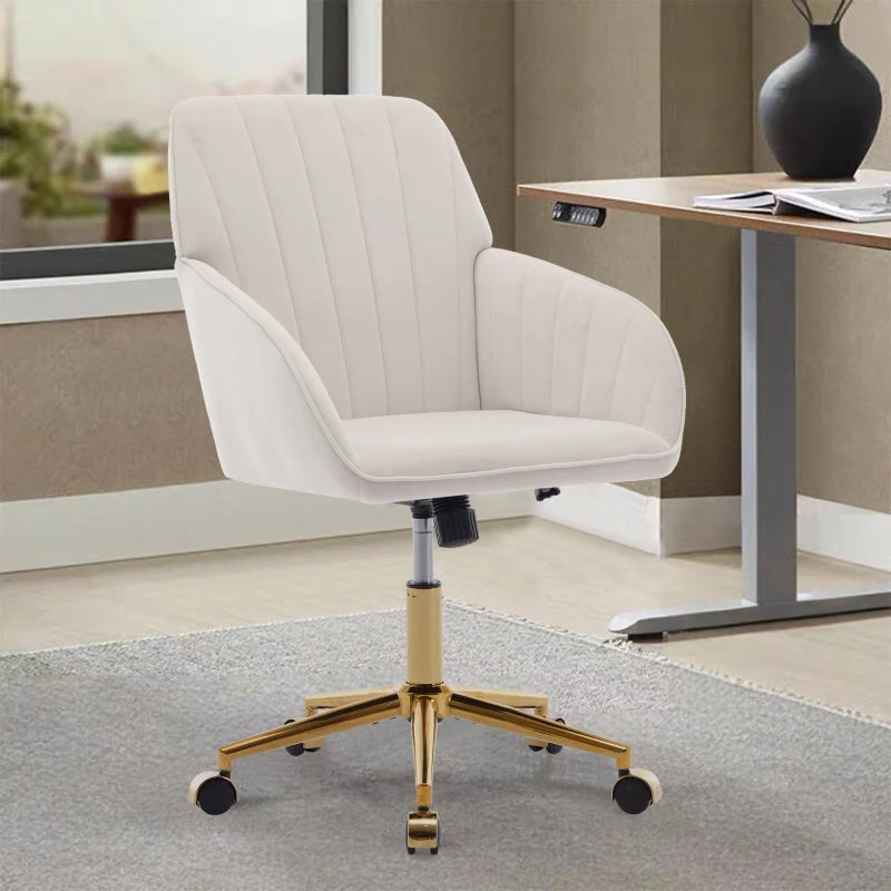 Adjustable Ergonomic Swivel Chair with Velvet Cushion and Lumbar Support, Golden Base, Beige