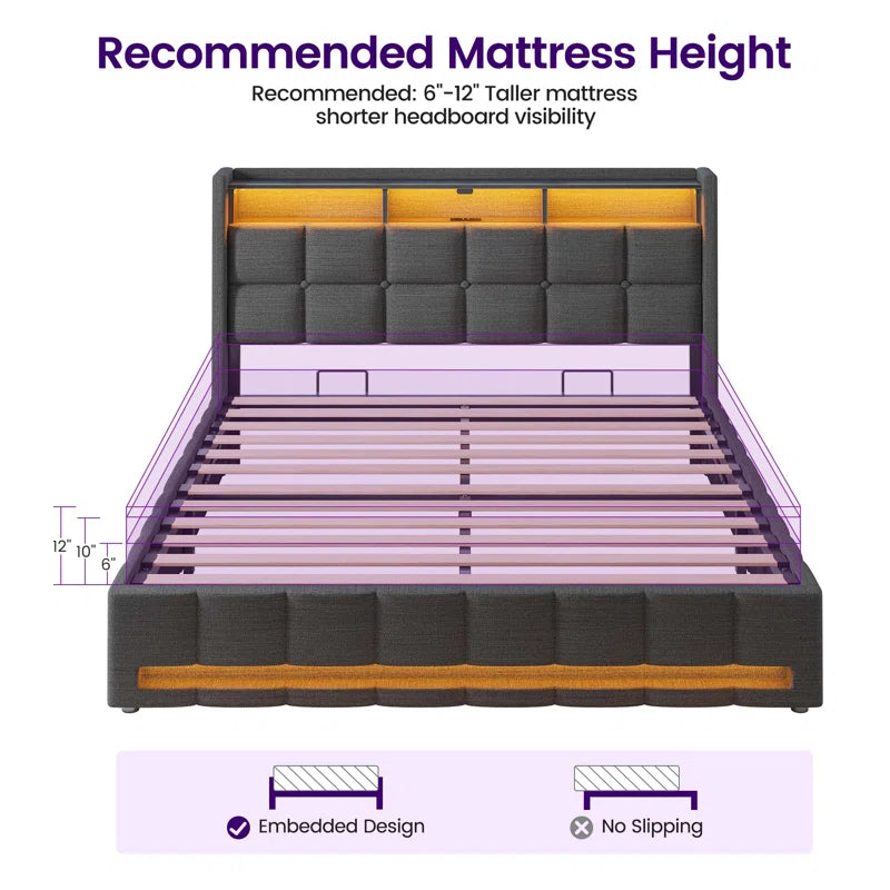 Upholstered Lift Up Storage Bed Frame with LED Lights and Charging Sta ...