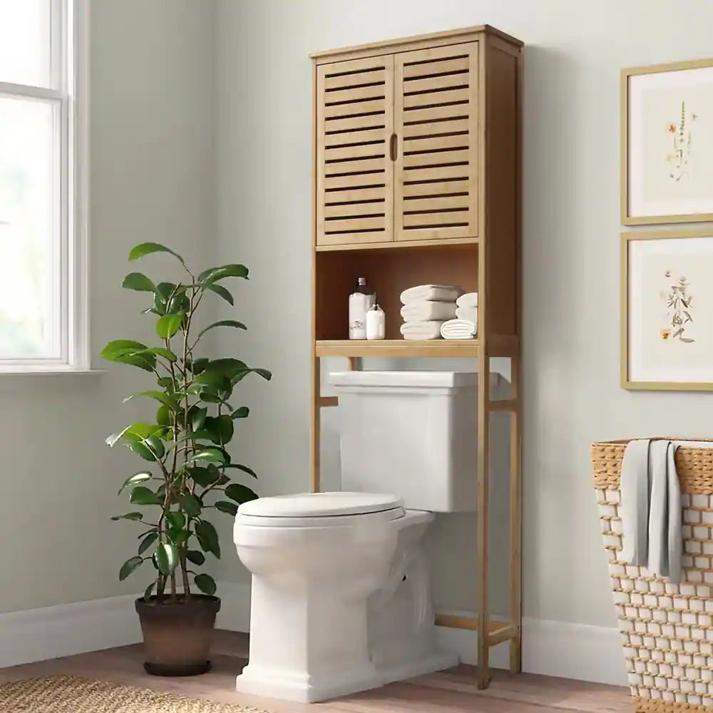 Bamboo Over-The-Toilet Storage Cabinet Bathroom Organizer with Shelf and Cupboard - Brown