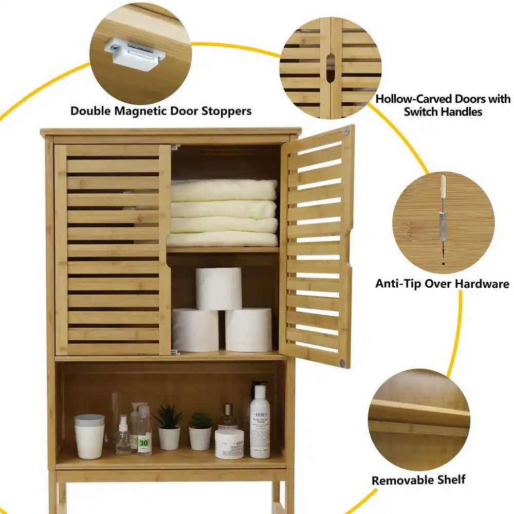 Bamboo Over-The-Toilet Storage Cabinet Bathroom Organizer with Shelf and Cupboard - Brown