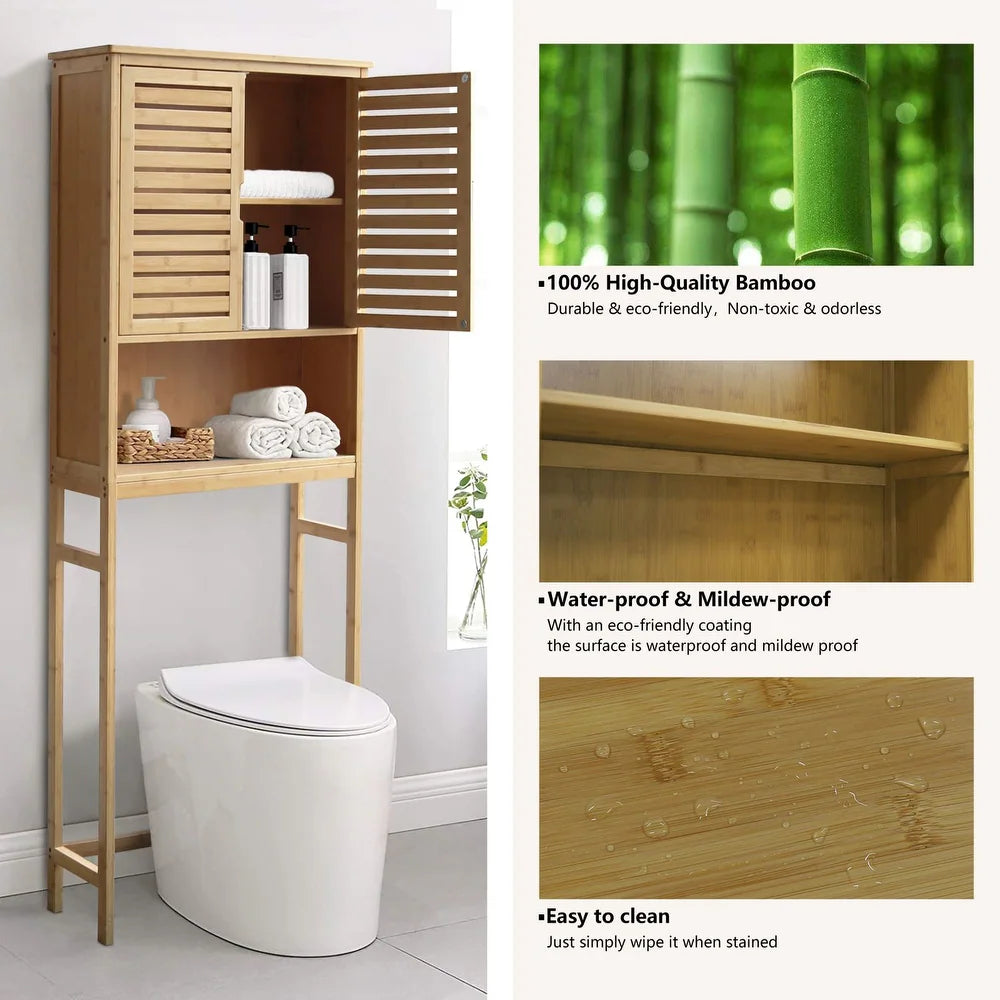 Bamboo Over-The-Toilet Storage Cabinet Bathroom Organizer with Shelf and Cupboard - Brown