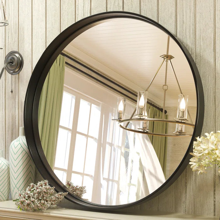 Black Valancia Metal Frame Round Vanity Mirror,Wall Mounted Entryway Decorative Farmhouse Modern Mirror