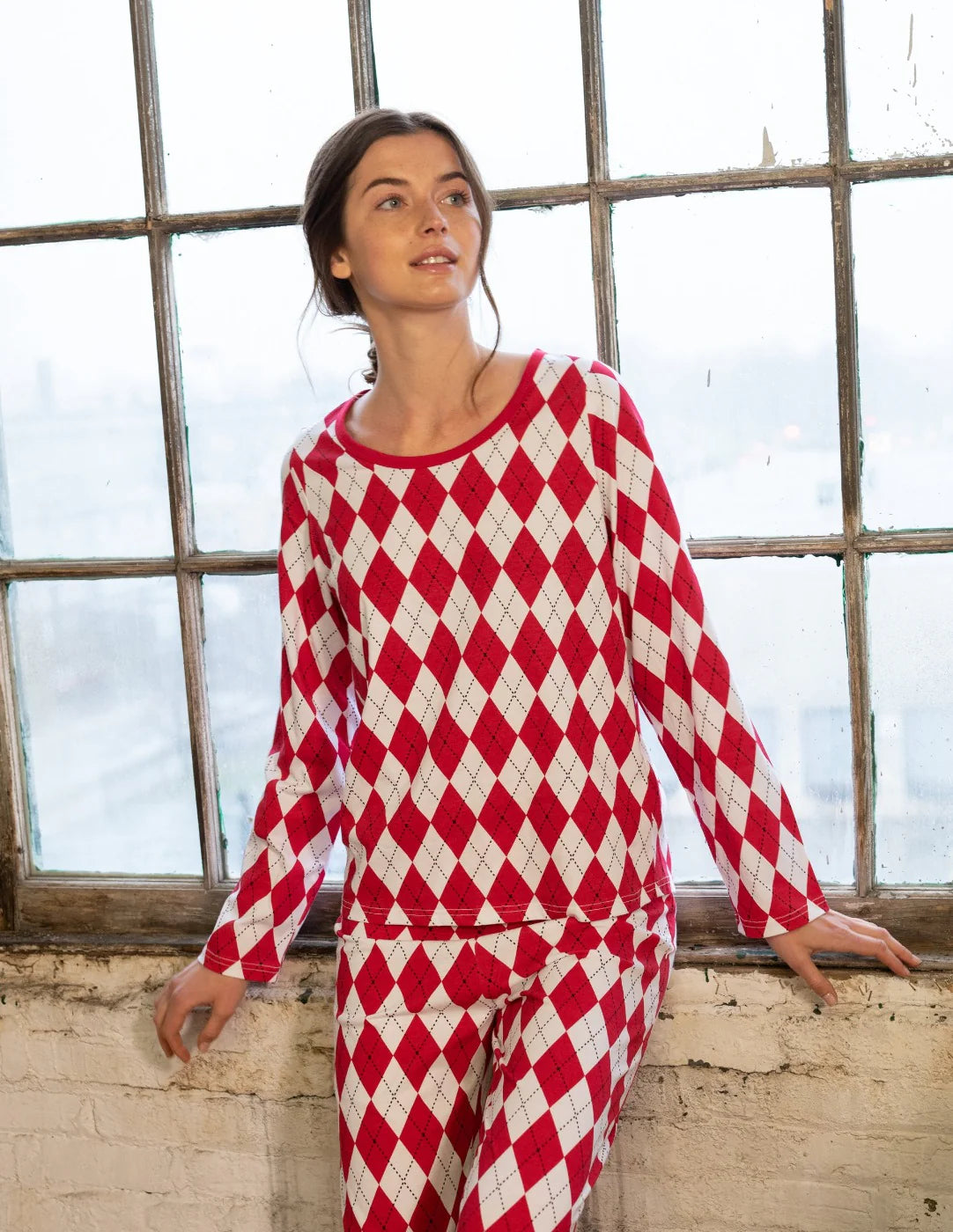 Women's Loose Fit Red & White Argyle Pajamas