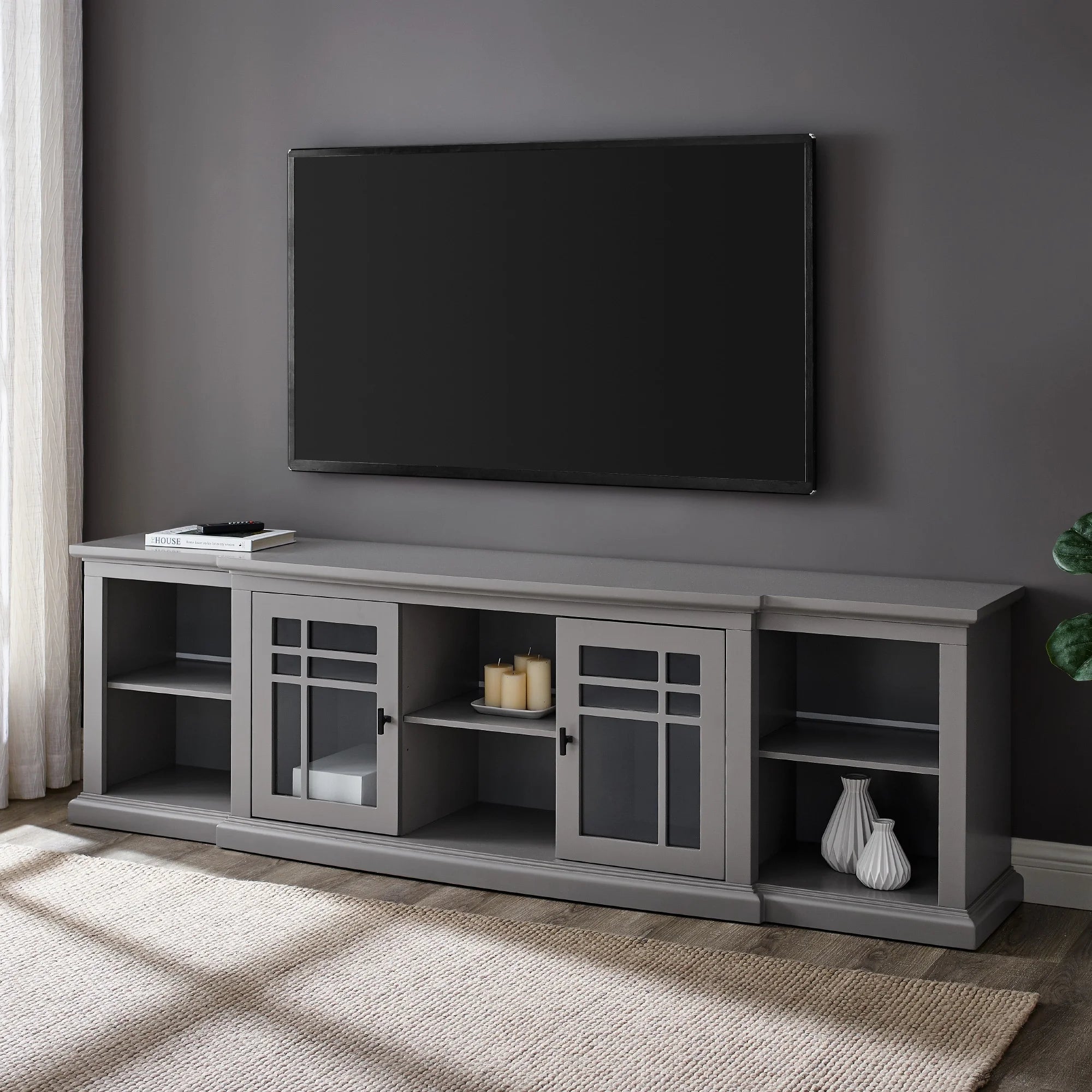 Transitional Glass-Door TV Stand for TVs up to, Grey