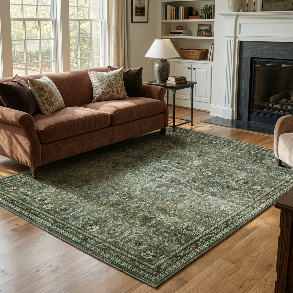 Watte Vintage Floral Border Cashmere Washable Area Rug - Soft Elegant ...