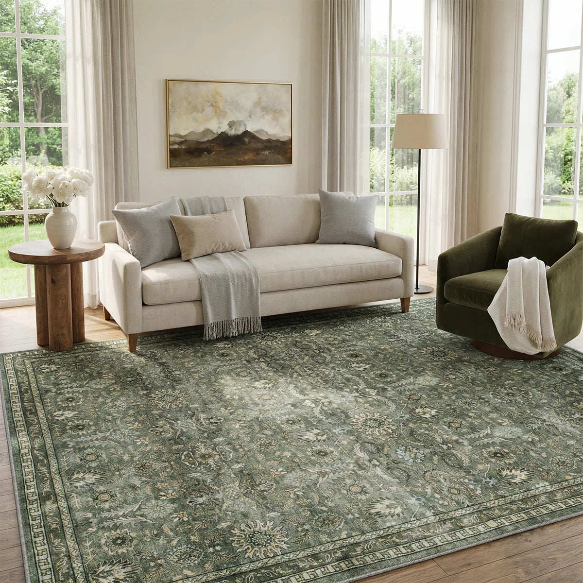 Watte Vintage Floral Border Cashmere Washable Area Rug - Soft Elegant ...