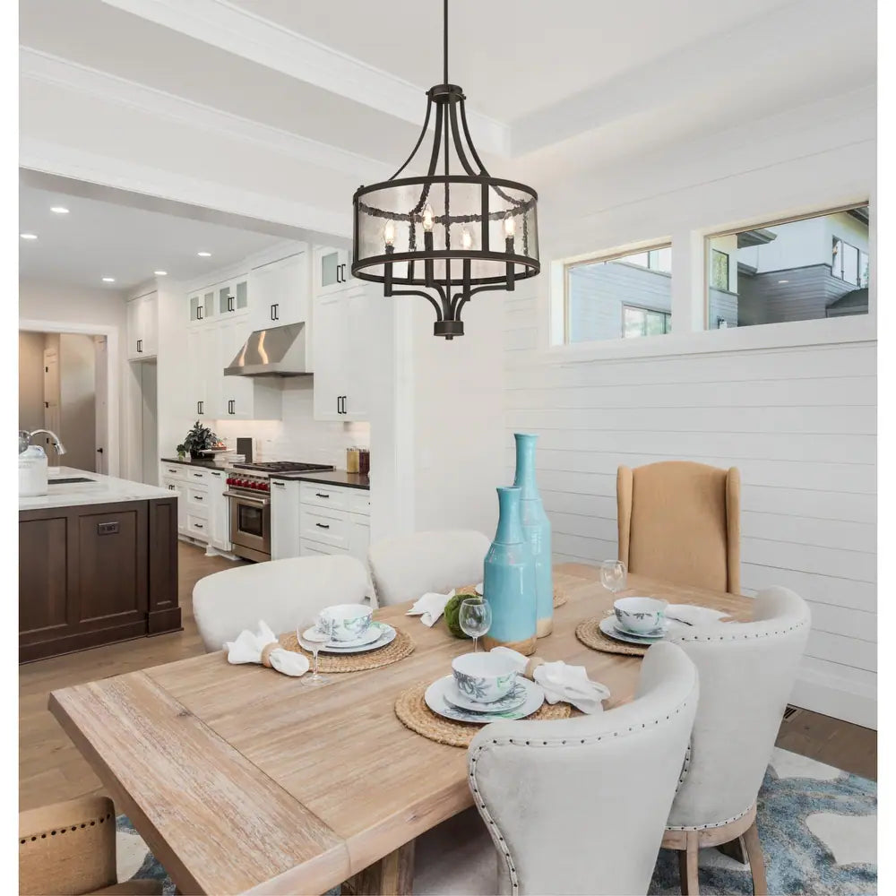 Belle View Four-Light Indoor Chandelier, Oil Rubbed Bronze Finish with Highlights and Clear Seeded Glass