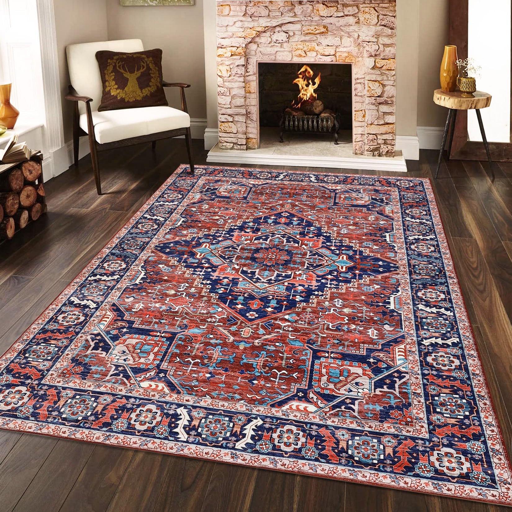 Boho Area Rug Persian Distressed Design, Machine Washable Rug for Living Room Bedroom