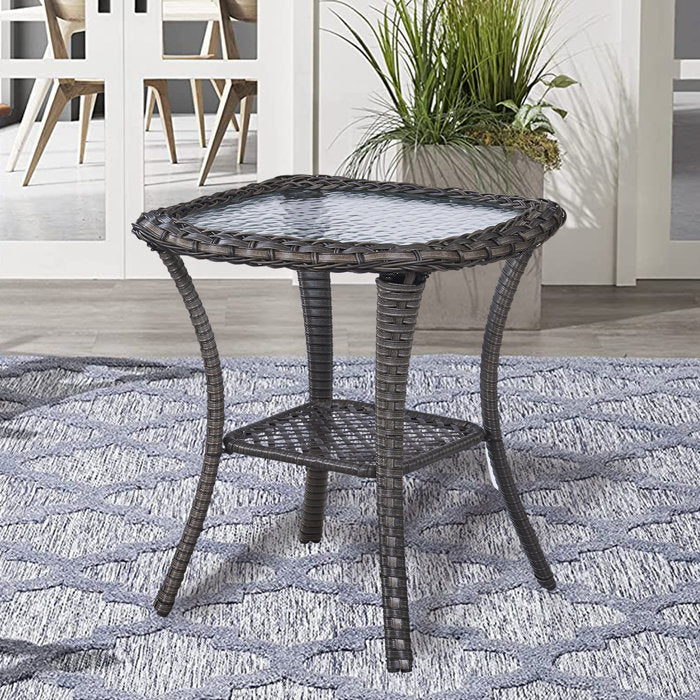 Wicker Rattan Side Table With Built-In Glass