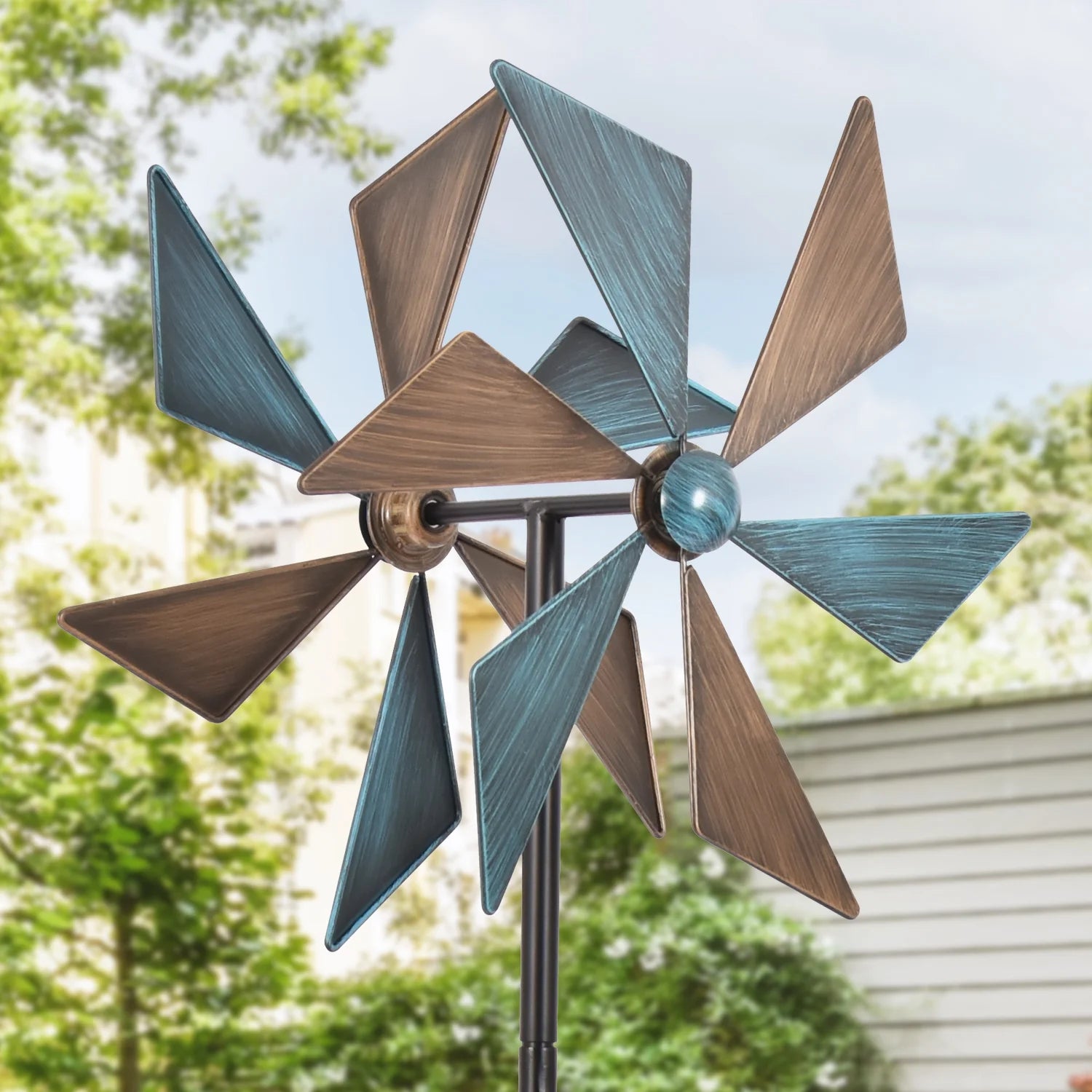 Yard Wind Spinner - Majestic Metal Garden Decoration in Blue-Copper Hue with Spinners