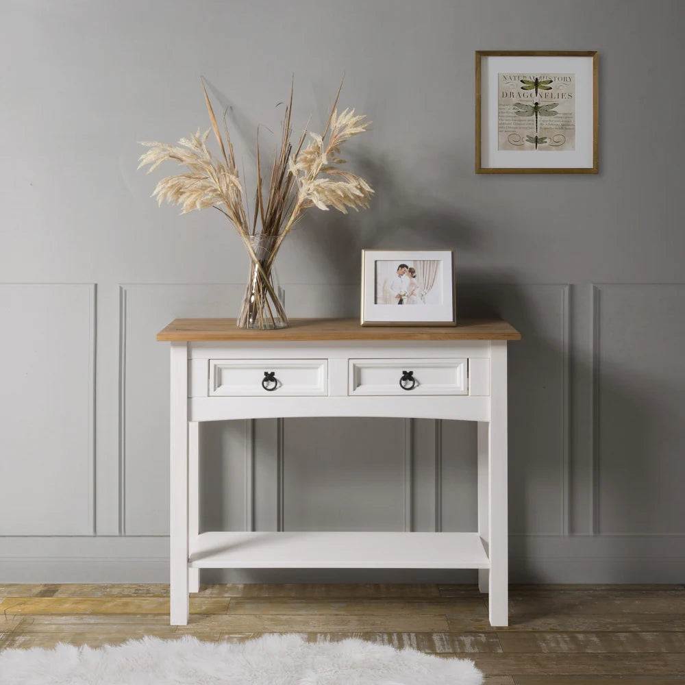 Wood Hall Table Console 2 Drawers Corona | Furniture Dash - White wash stain, tops in antique brown stain.