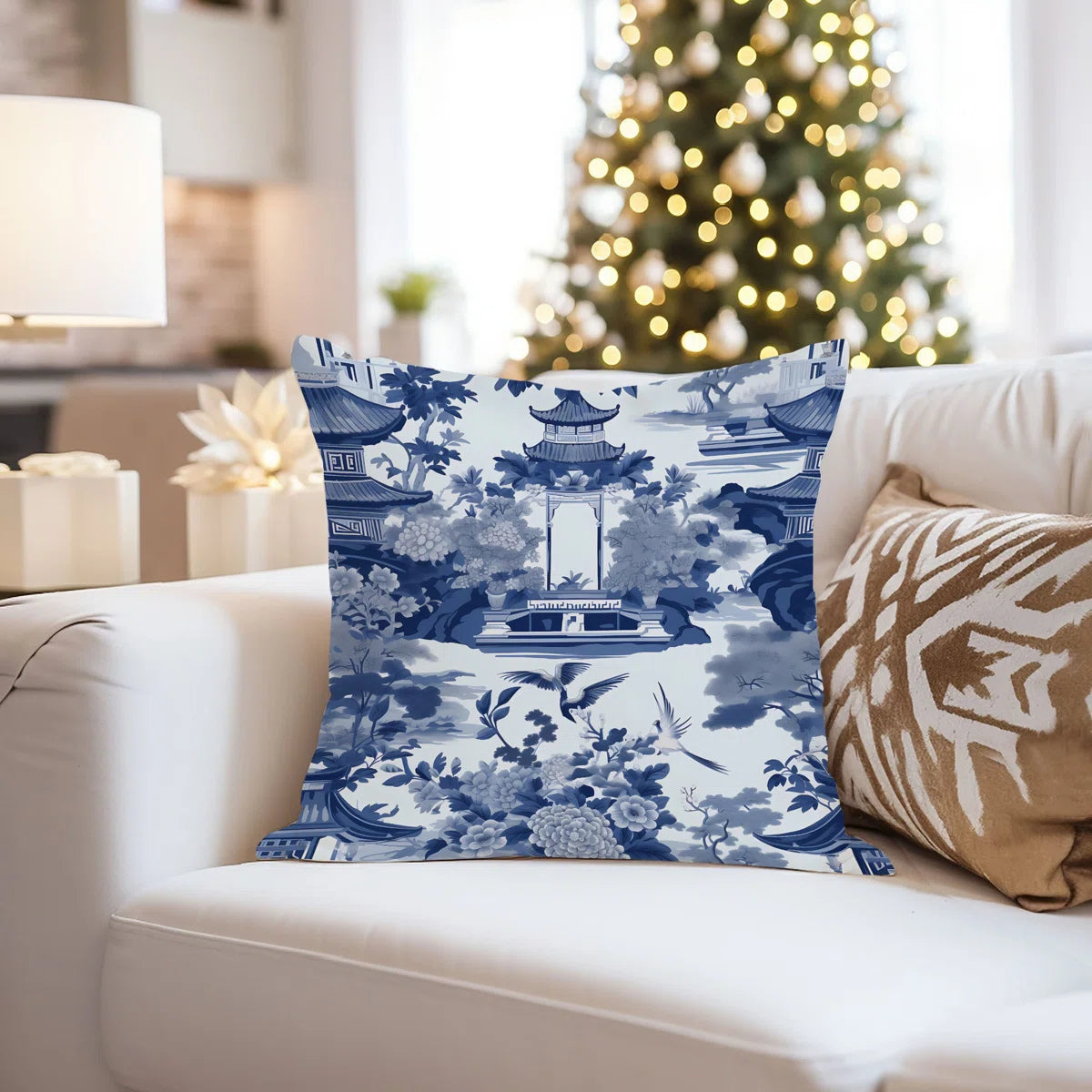 Set of 2  World and Countries Chinoiserie Pattern Asian Throw Pillow Cover SHOWROOM ITEM