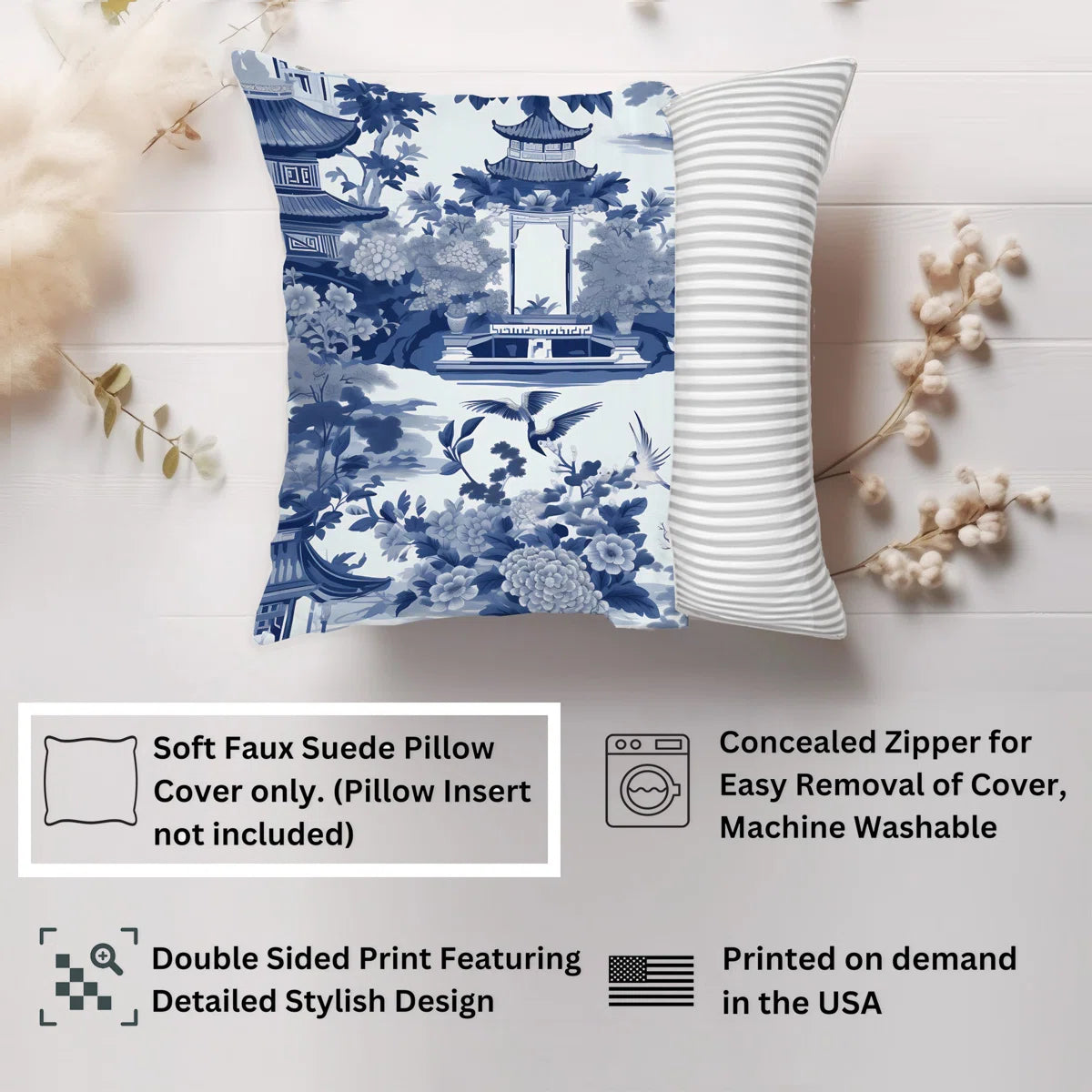 Set of 2  World and Countries Chinoiserie Pattern Asian Throw Pillow Cover SHOWROOM ITEM