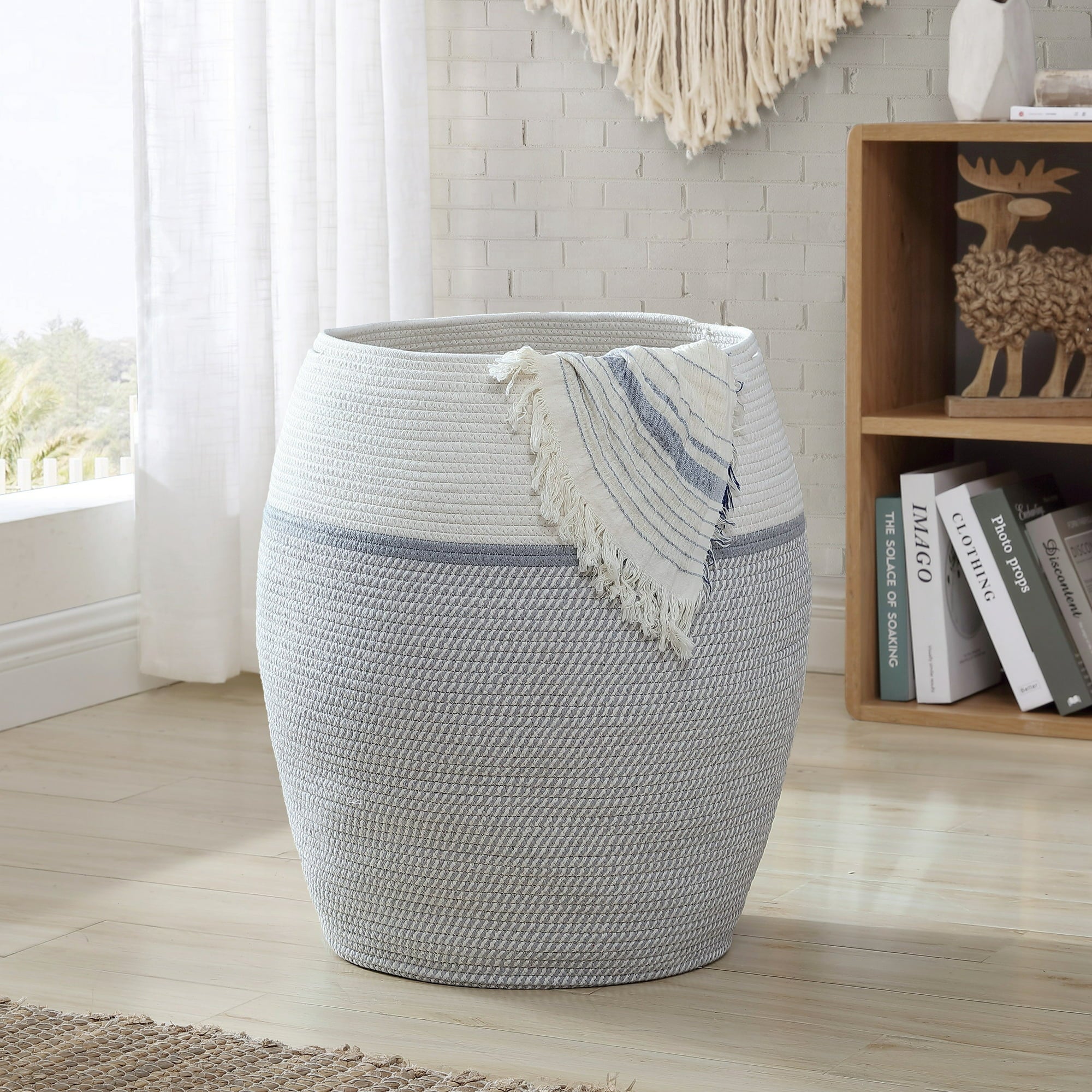 Woven Cotton Rope Laundry Hamper Basket with Handles, Storage Basket for Toys, Blanket, and Towels White/Gray