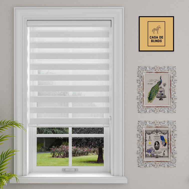 White Zebra Blinds Window Dual Layer Roller Shades, Corded Horizontal Blind, Bedroom, Privacy
