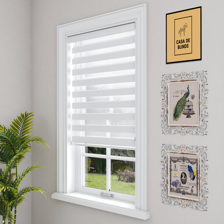 White Zebra Blinds Window Dual Layer Roller Shades, Corded Horizontal Blind, Bedroom, Privacy