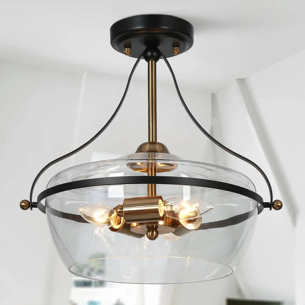 Zelena Modern Farmhouse 3-Light Black Gold Glass Bowl Semi-flush Mount Ceiling Lights