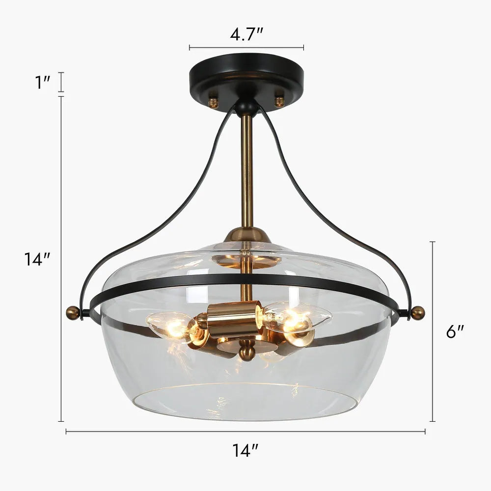 Zelena Modern Farmhouse 3-Light Black Gold Glass Bowl Semi-flush Mount Ceiling Lights