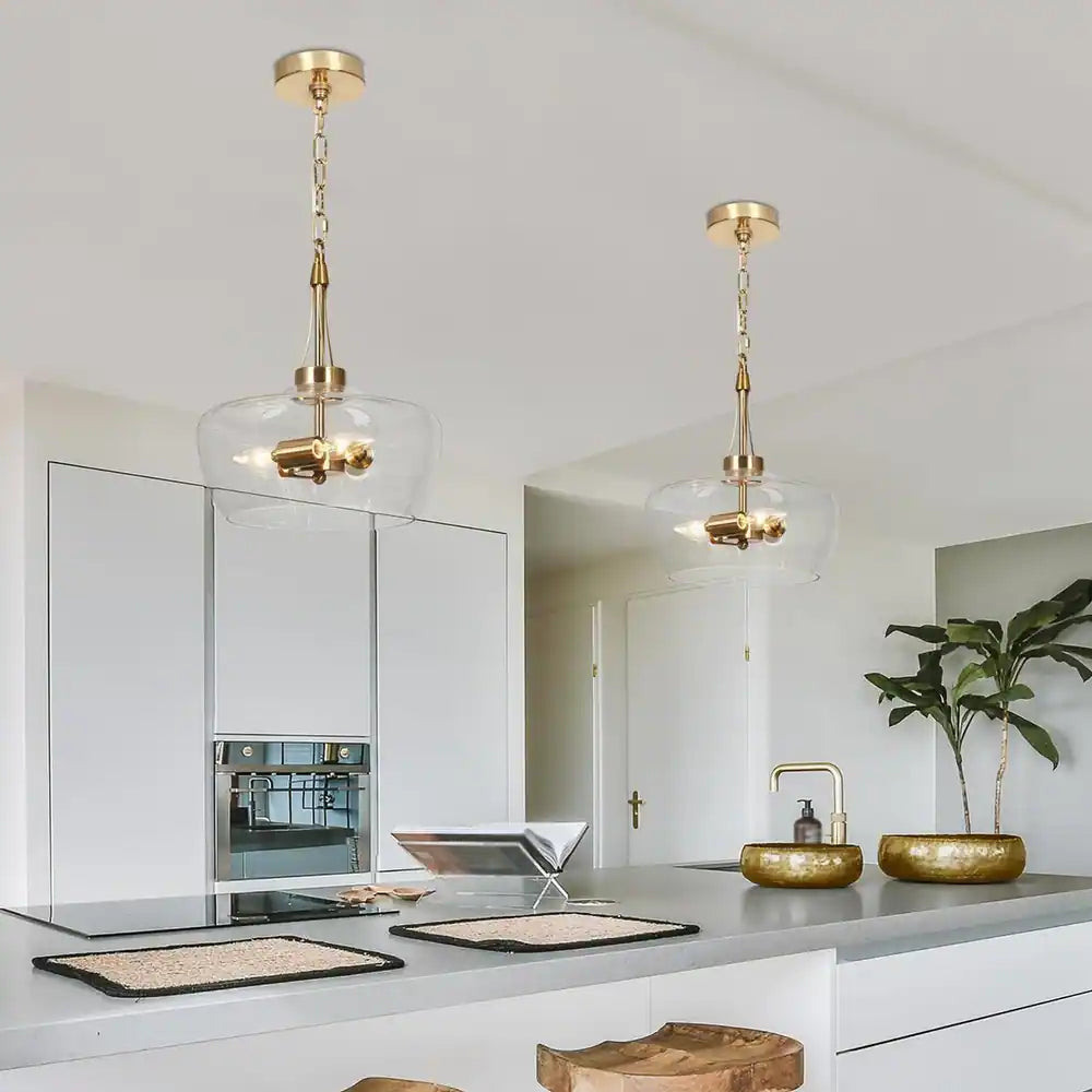 Zelena Modern Farmhouse 3-Light Gold Chandelier Glass Pendant Light for Dining Room - Brass