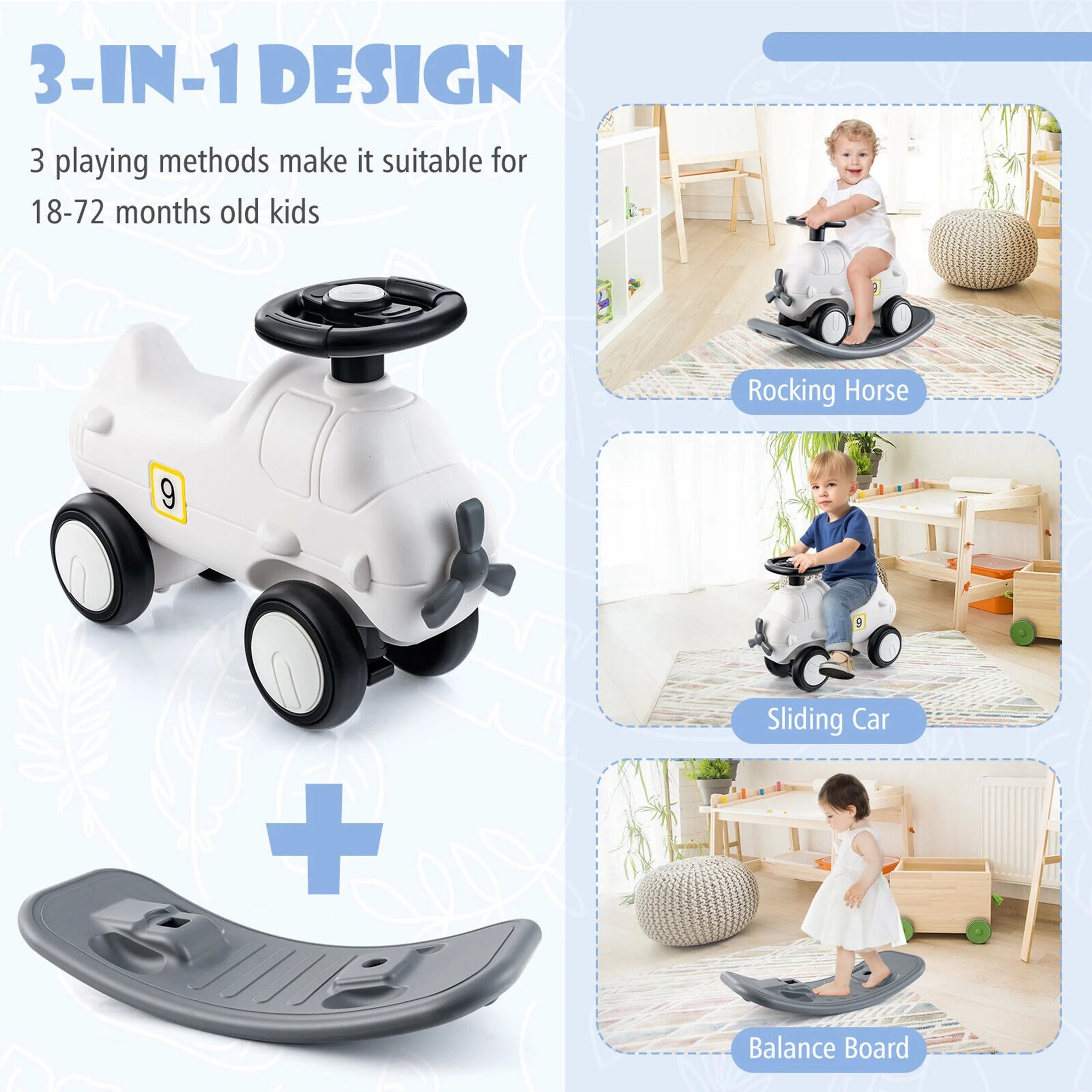 3-in-1 Rocking Horse & Sliding Car w/ Detachable Balance Board Indoor & Outdoor