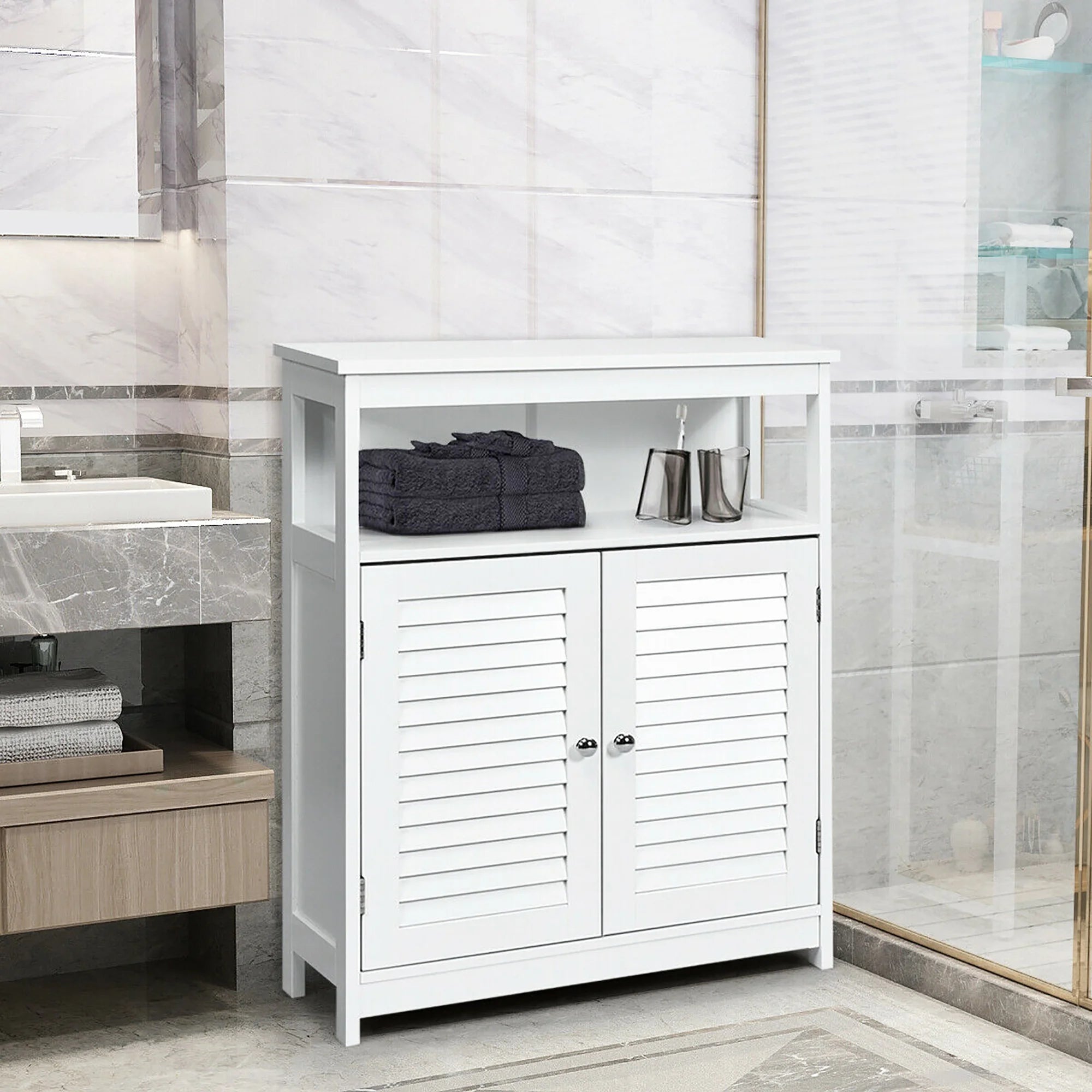 Bathroom Storage Wood Floor Cabinet with Double Shutter Door White