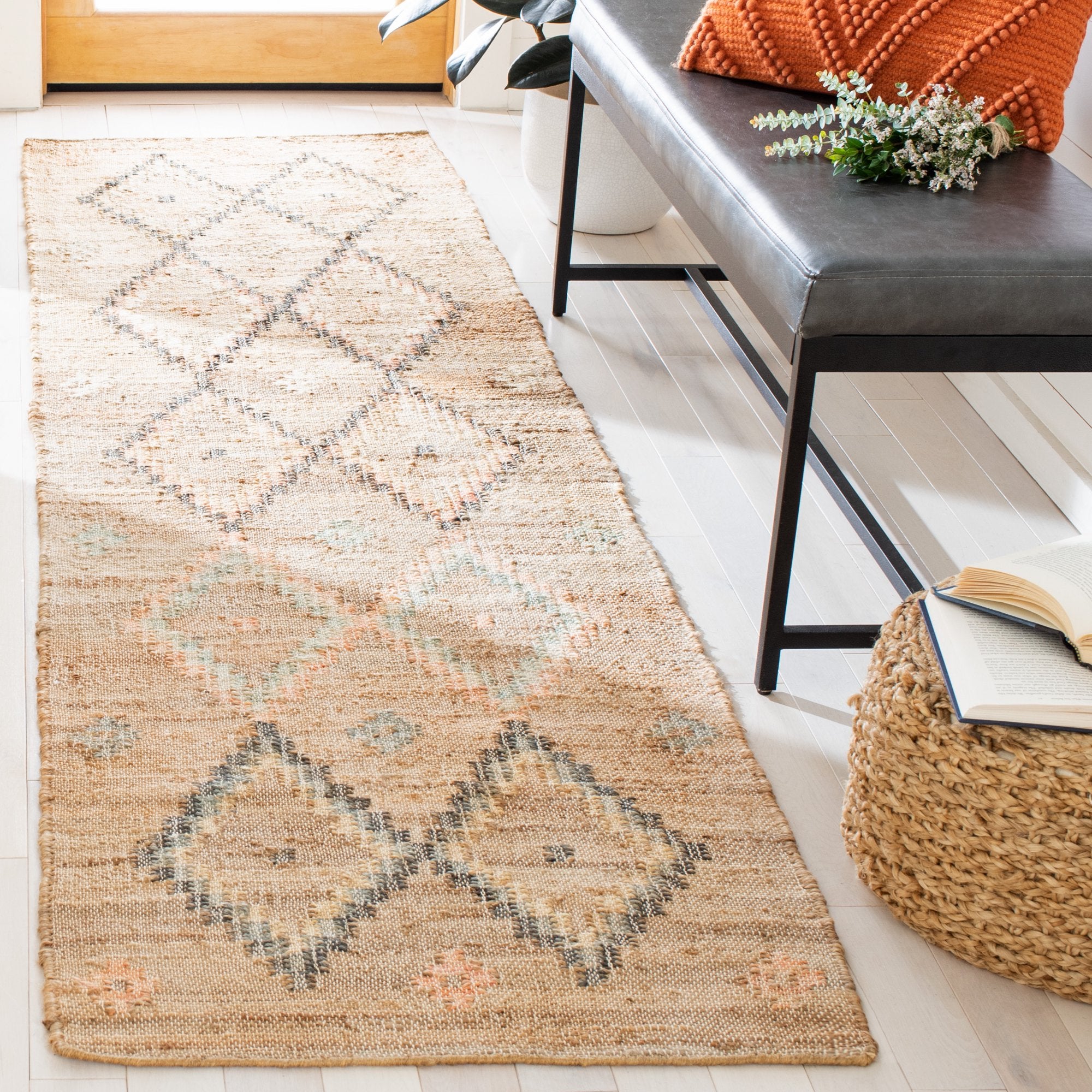 Kilim Mendoza Geometric Runner Rug, Natural/Blue, 2'3" x 13'