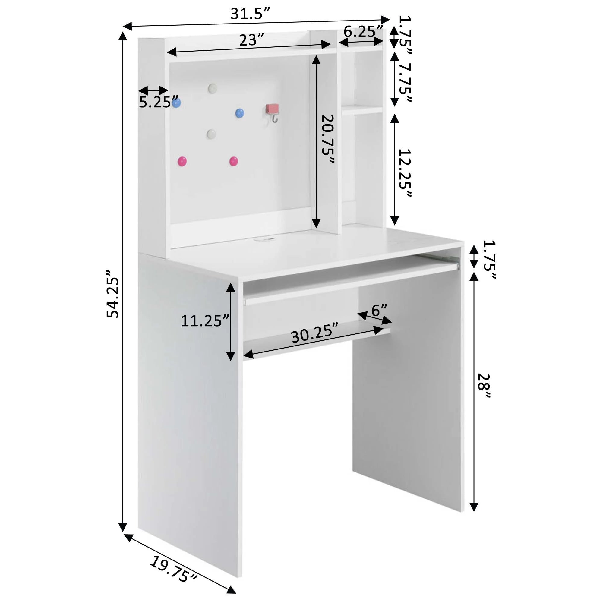 Student Desk with Magnetic Bulletin Board and Shelves, White