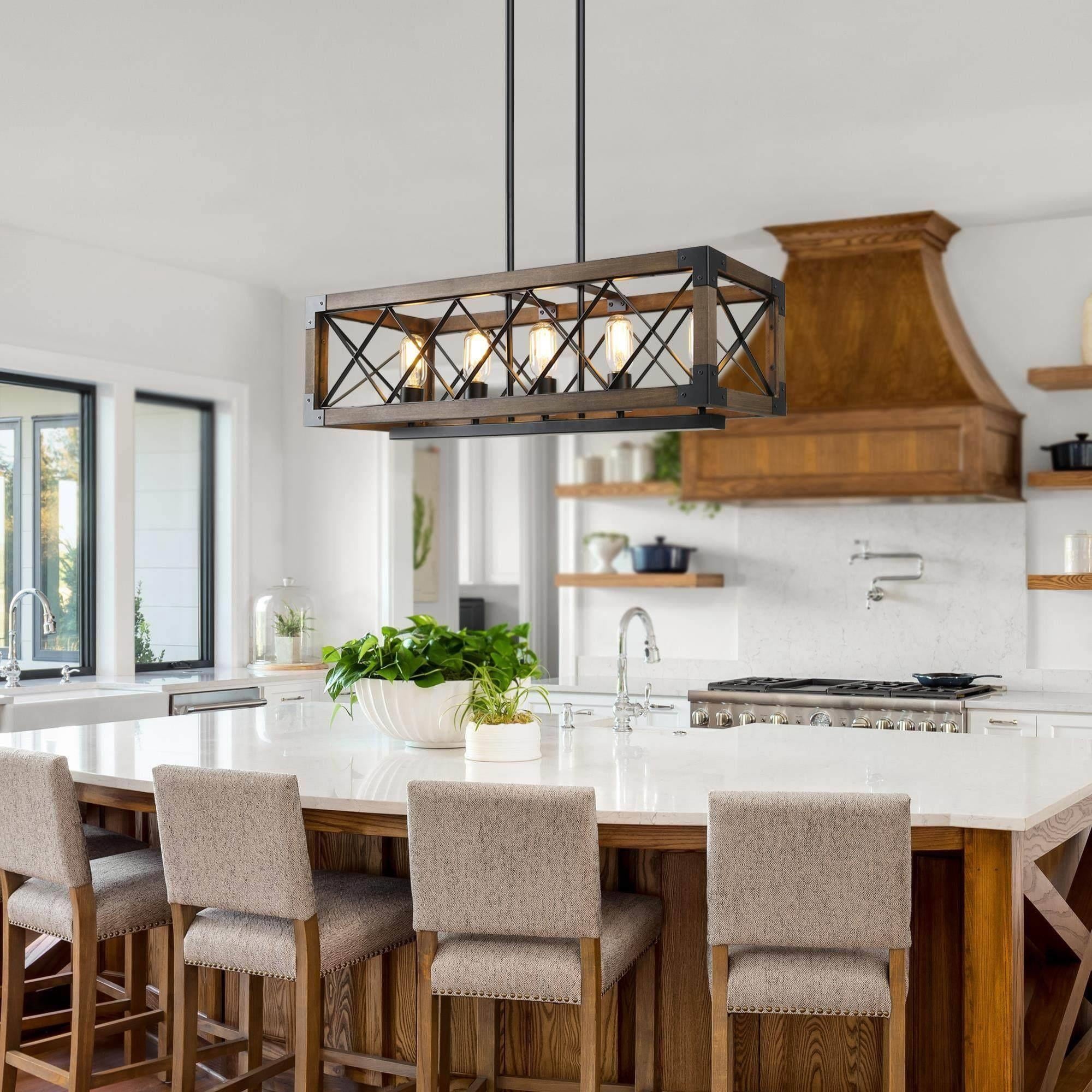 Wood Kitchen Chandelier 5-Light Linear Farmhouse Black Island Dining Room Chandelier Pendant with Rustic Rectangle Frame