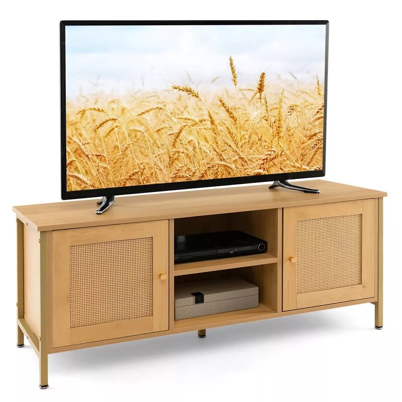 Boho TV Stand for TV w/ Faux Rattan Door Side Cabinet & Open Shelf