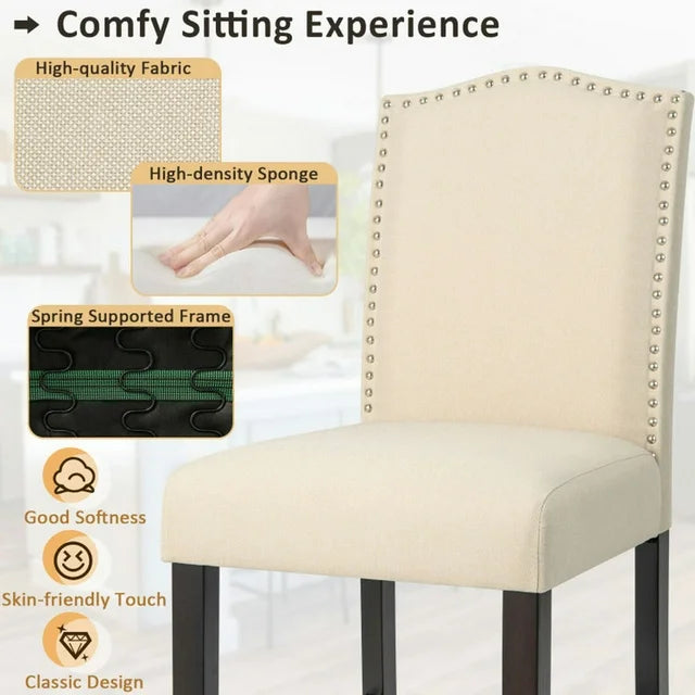 2 Pcs Fabric Nail Head Counter Height Dining Side Chairs Set-Beige, Bar Height Stools