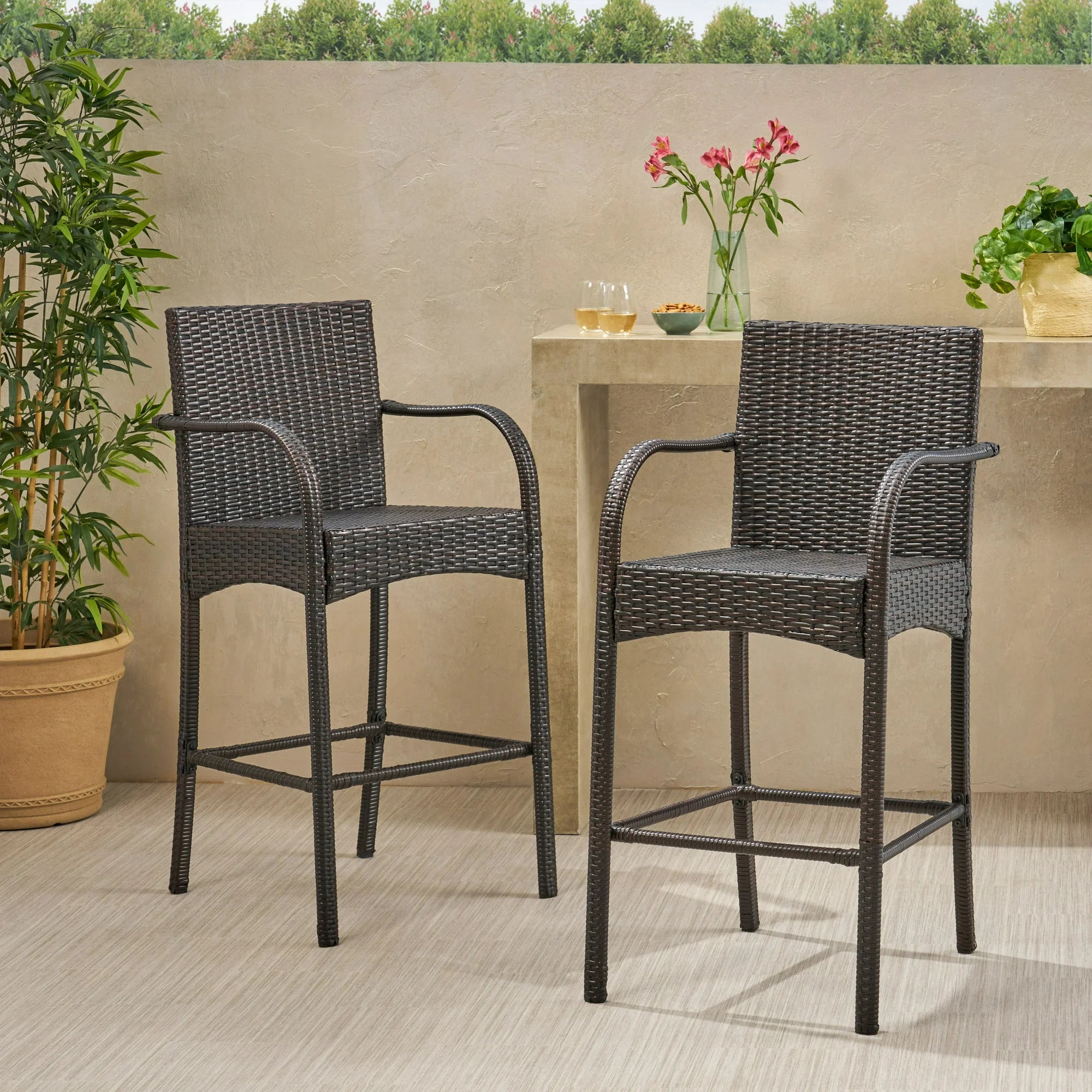 Cascada Outdoor Wicker Barstool Chair in Brown (Set of 2)