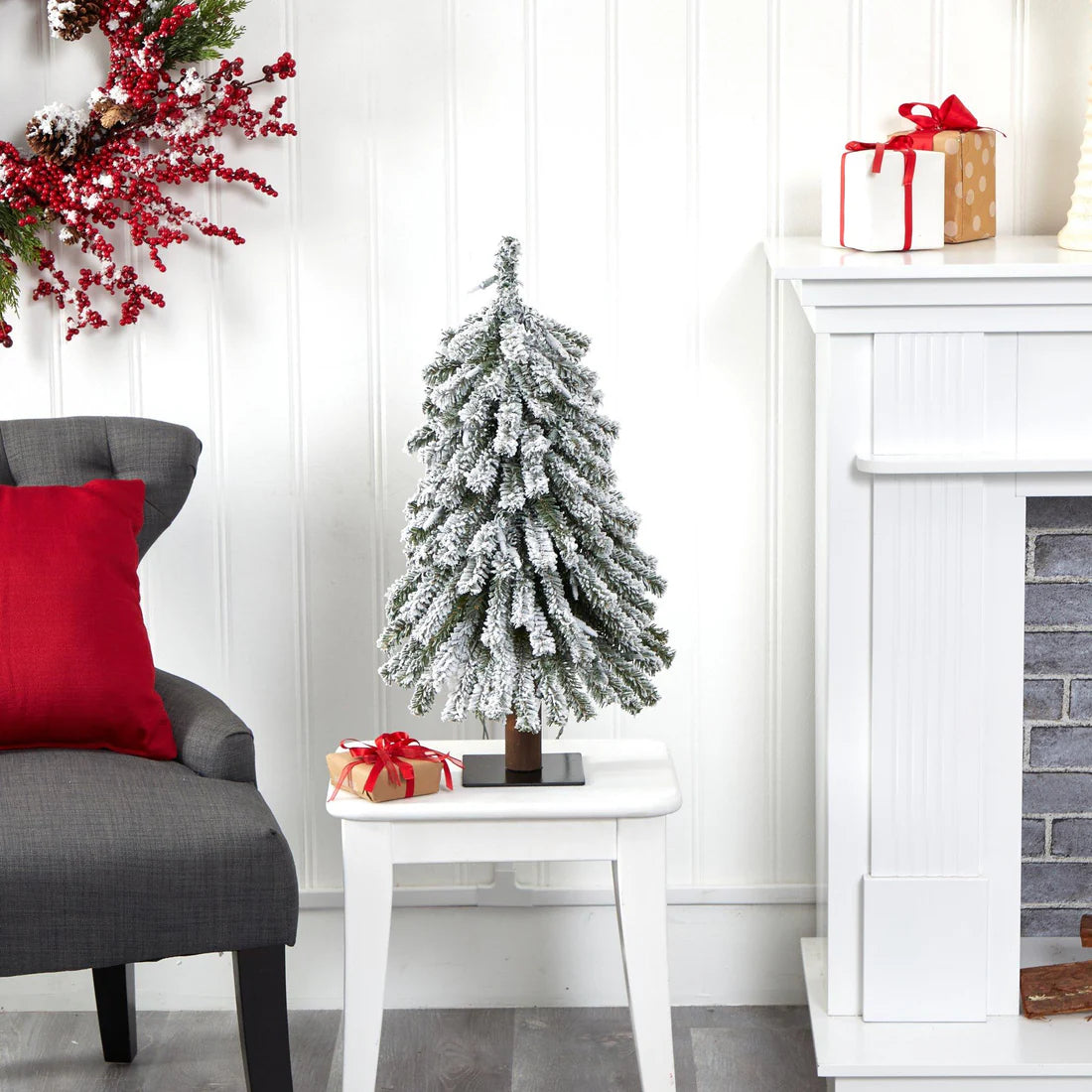 Flocked Grand Alpine Artificial Christmas Tree with 35 Clear Lights and 111 Bendable Branches on Natural Trunk