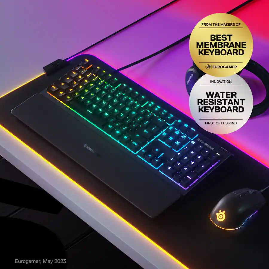 Apex 3 Full Size Wired Membrane Whisper Quiet Switch Gaming Keyboard with 10 zone RGB Backlighting - Black