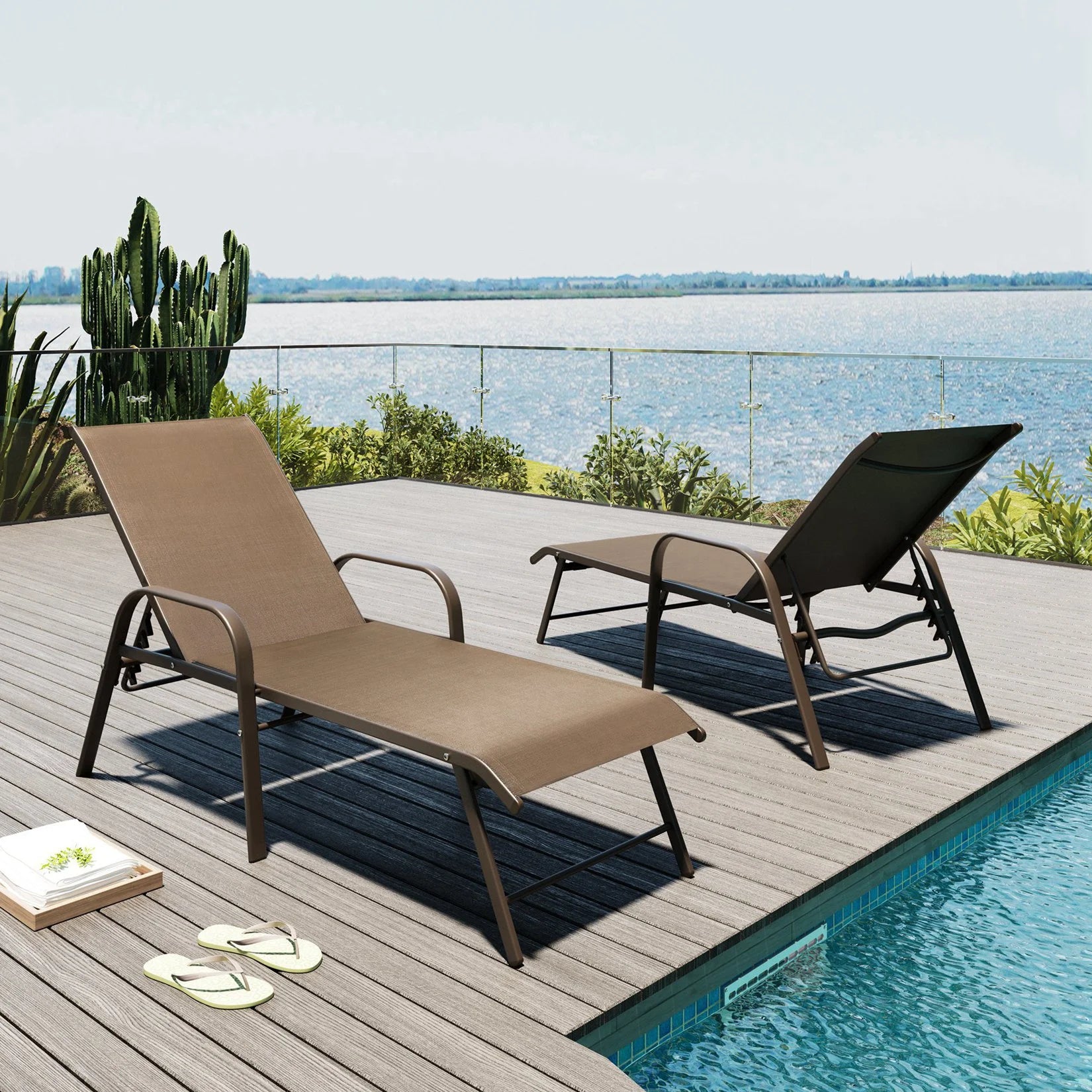 Set of 2 Outdoor Chaise Lounge Chairs Aluminum Patio Folding Recliners, Brown