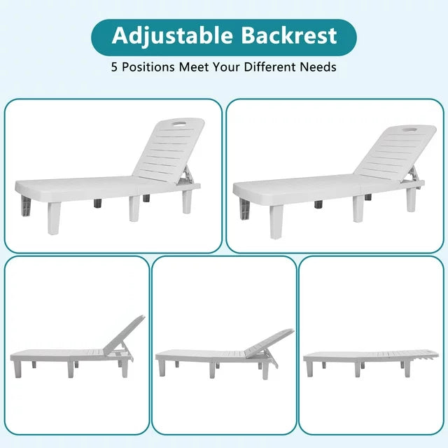 1-Piece Plastic Outdoor Chaise Lounge with Retractable Tray