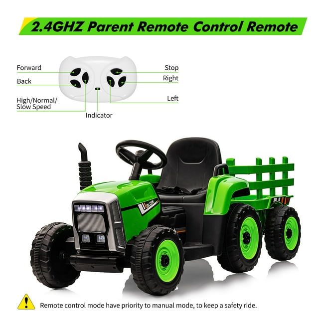 12V Kids Battery Powered Electric Tractor with Trailer, Toddler Ride On Car w/ Remote Control, 7-LED Headlights, 2+1 Gear Shift, MP3 Player USB Port for Kids 3-6 Years