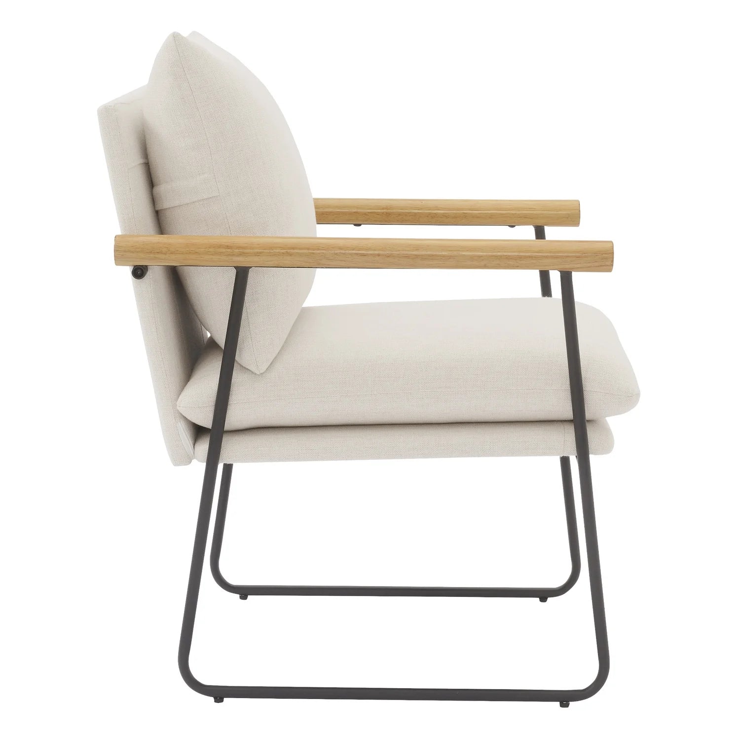 Dutton Armchair in Ivory Fabric with Natural Arms and Black Sled Base